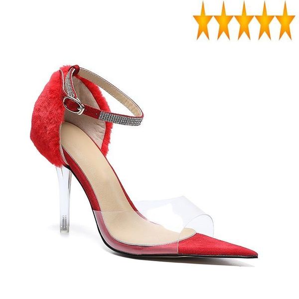 

high thin heels women crystal ankle strap office ladies transparent pointed open toe hairy sandals summer shoes, Black