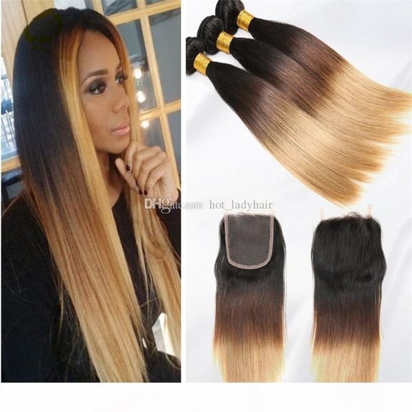 

three tone brazilian hair 3 bundles with closure ombre straight human hair with closure #1b 4 27 ombre brazilian hair with closure, Black
