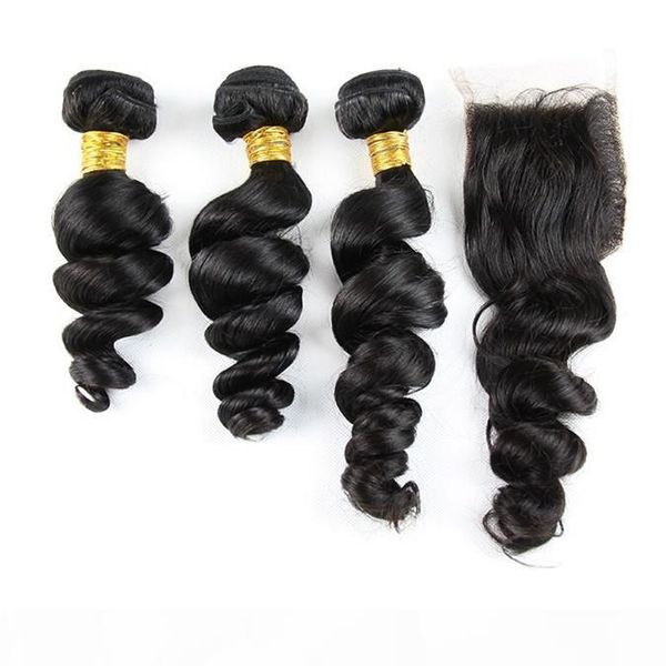 

loose wavy malaysian hair extensions with 4*4 closure parting 3pcs virgin hair with lace closure malaysian loose wave 4pcs lot, Black