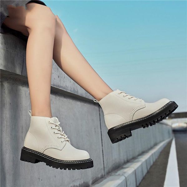 

boots autumn women lace-up genuine leather ankle for casual motorcycle shoes winter couple, Black