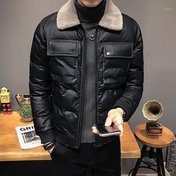 

wind coat lapel skin cotton-padded clothes men's leisure cultivate morality short thickening cotton-padded jacket coat1, Black