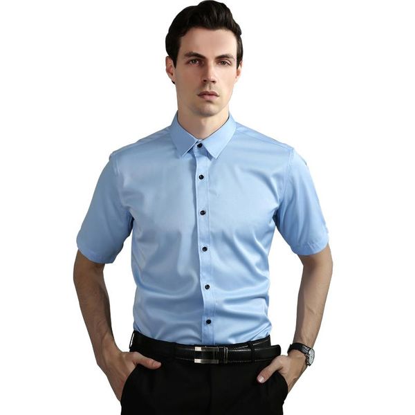 

summer non-iron short sleeve men dress shirt elastic slim fit black button anti-wrinkle white blue social male pockeless kg-29, White;black