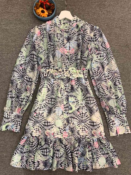 

2020 autumn/winter european and american new women's dress round neck printed pattern matching color decorative lotus leaf pendulum wai, Black;pink