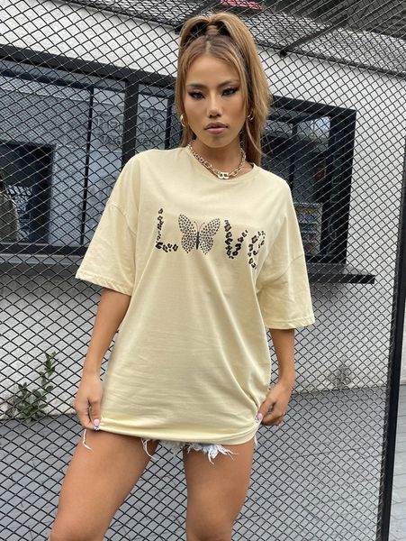 

letter & butterfly print drop shoulder tee o1nn#, White