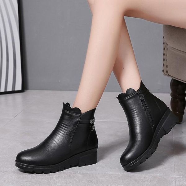

women winter warm plush ankle boots pu leather shoes platform zipper ladies fashion footwear new female non slip snow boots, Black