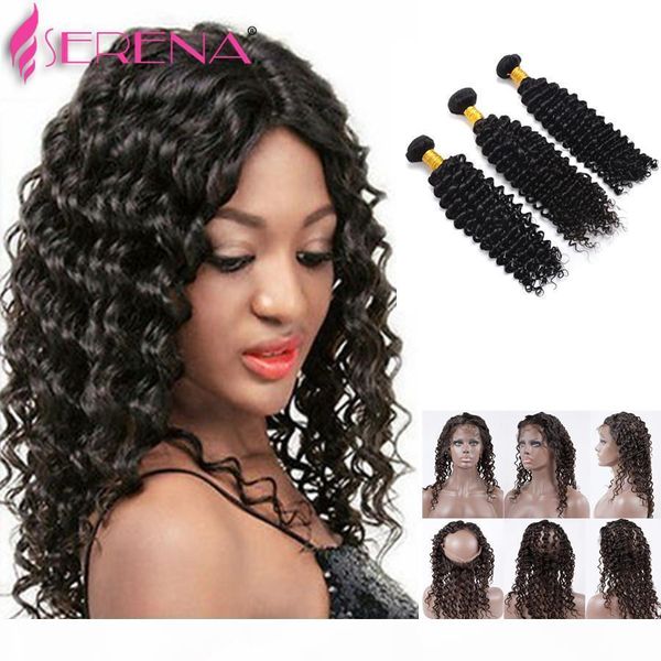 

360 lace frontal with bundle pre plucked 7a deep wave curly lace frontal closure with bundles brazilian virgin hair with closure, Black;brown
