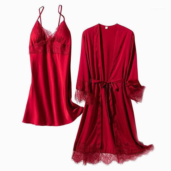 

women's sleepwear women robe set satin silky nighty&robe lace 2pcs female casual kimono gown summer home clothes1, Black;red