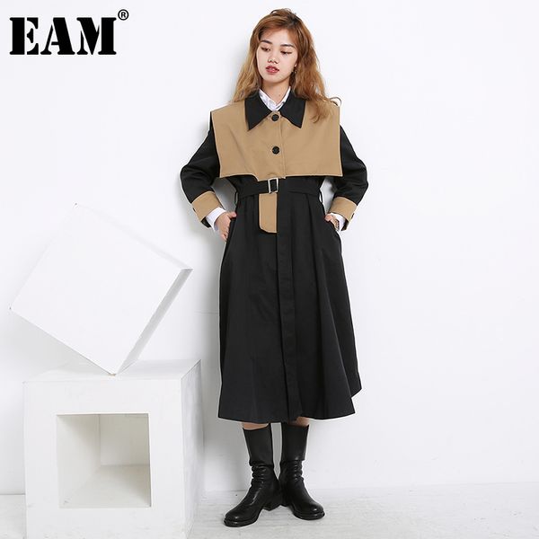 

[eam] women contrast color big size long trench new lapel long sleeve loose windbreaker fashion spring autumn 1da95601 201031, Tan;black