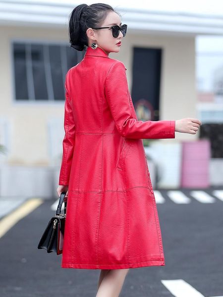 

leather coat women's middle long 2021 new spring and autumn korean fit leather windbreaker over knee coat women1, Black