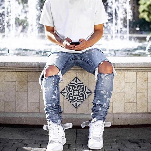 

men ripped jeans prencil slim trouser middle waist skinny destroyed trousers with pockets casual style bottoms men ripped jeans1, Blue