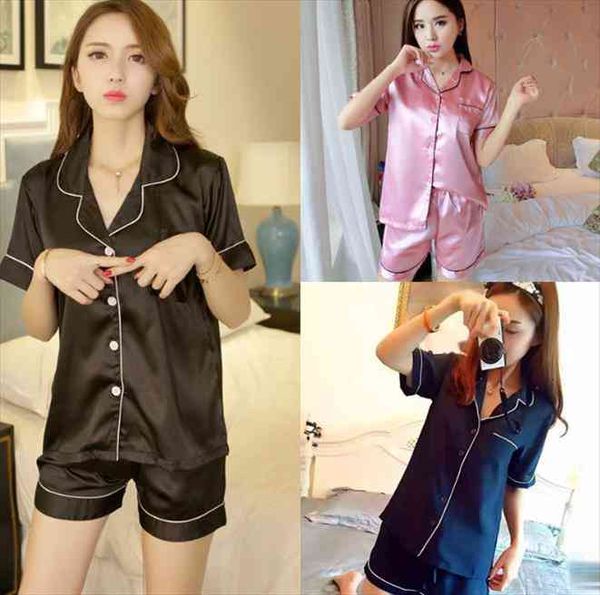

sleepwear loungewear two piece satin pajamas set short sleeve button-down pj set korean style silk pj sets ouc413a, Black;red