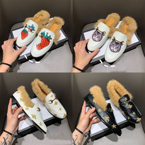

brand italy rabbit hair double g cartoon sandals plush women casual slipper fur wool flat heel owl slippers bee luxurys designers slides, Black