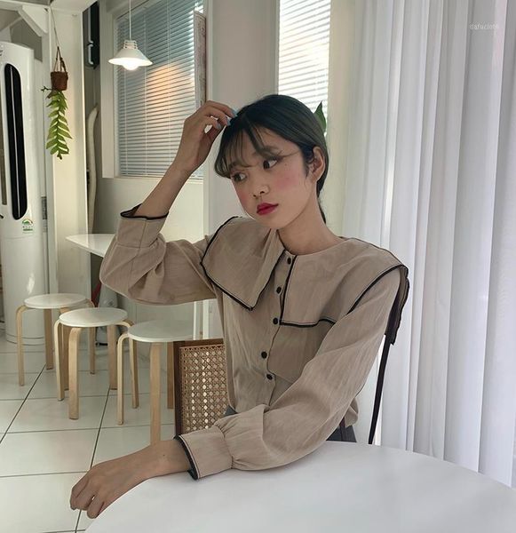 

new autumn women shirts sailor collar full sleeve worked off old blouse shirt white milk coffee color 91811