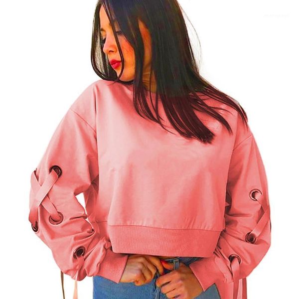 

loose sweatshirt fashion hoodie warm clothes women eyelet lace up sleeve crop sweatshirt autumn o-neck pullovers 1, Black