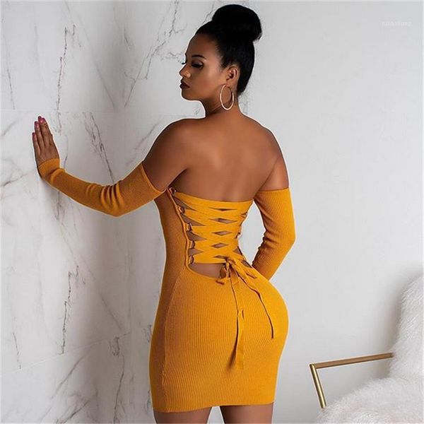 

casual dresses fashion women winter bandage dress 2021 off shoulder long sleeve slim elastic bodycon party vestidos1, Black;gray