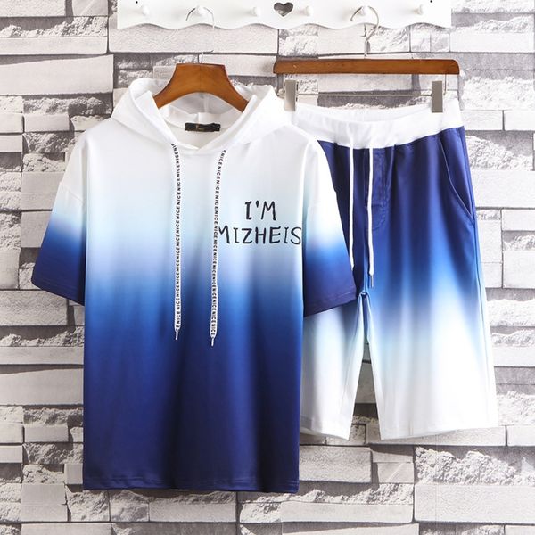 

ax3lm men's short-sleeved trendy summer gradient short-sleeved trendy sweater set men's gradient hooded t-shirt summer half-sleeve, Blue