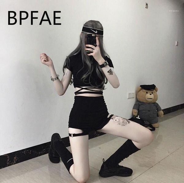 

2020 summer new arrival women punk harajuku bandage hollow out elastic shorts leg ring slim shorts female black, White;black