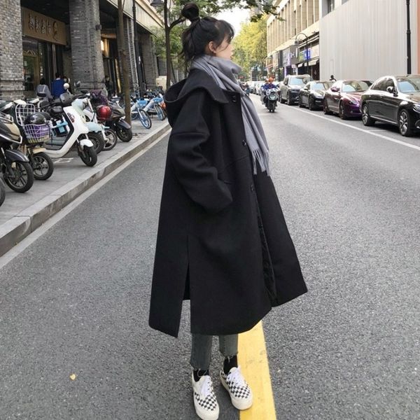 

woollen women's 2021 new college style ins autumn and winter loose mid length cotton lined hooded woolen coat, Black