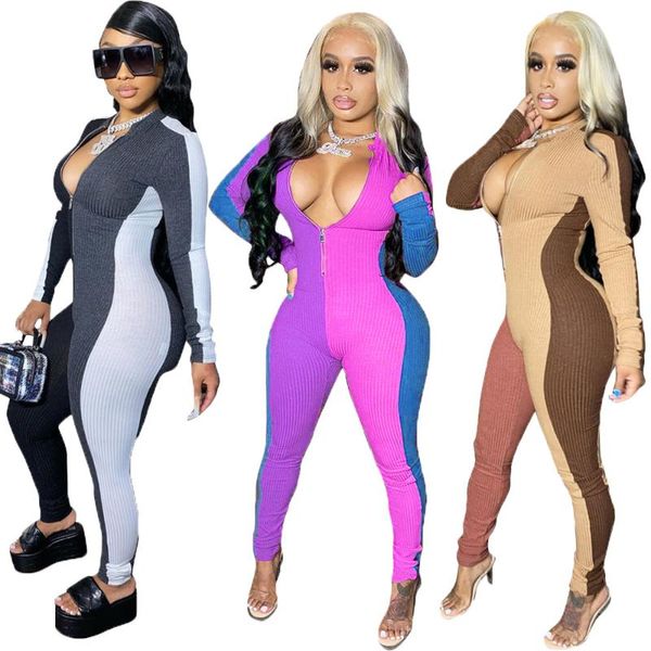 

autumn color patchwork ribbing jumpsuit for women fashion long sleeve front zipper leggings romper casual bodycon one piece, White;black