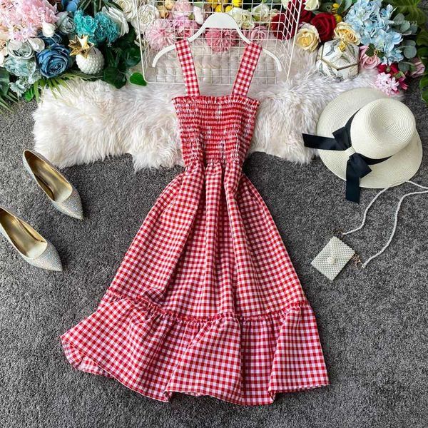 

new summer sweet backless holiday sleeveless beach dress womens high waist ruffles plaid dress eleagant strapless tank sundress1, Black;gray