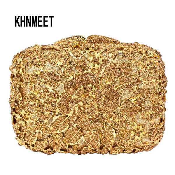 

laisc golden luxury crystal clutches evening bag box shape party bag women wedding purse chain handle shoulder sc239
