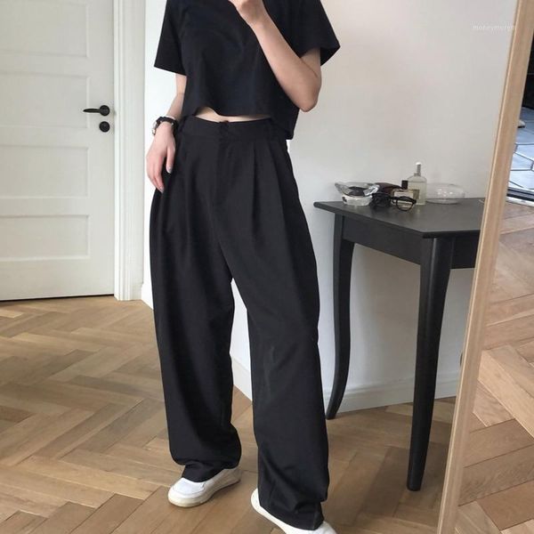 

women's pants & capris [ewq] 2021 high waist flat front button floor length wide leg female trousers korea styles casula harem pants1, Black;white