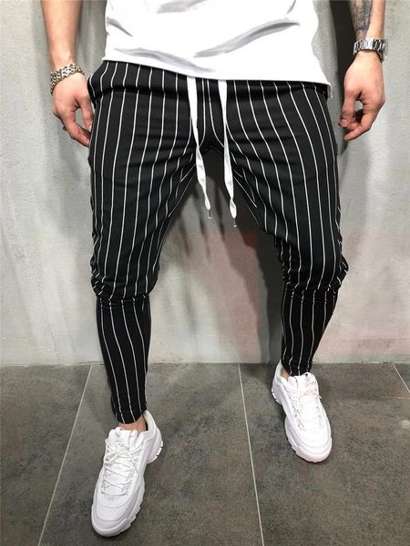 

men's korean version checked fashion patchwork color matching small legs trouser slim casual sports pencil pants, Black