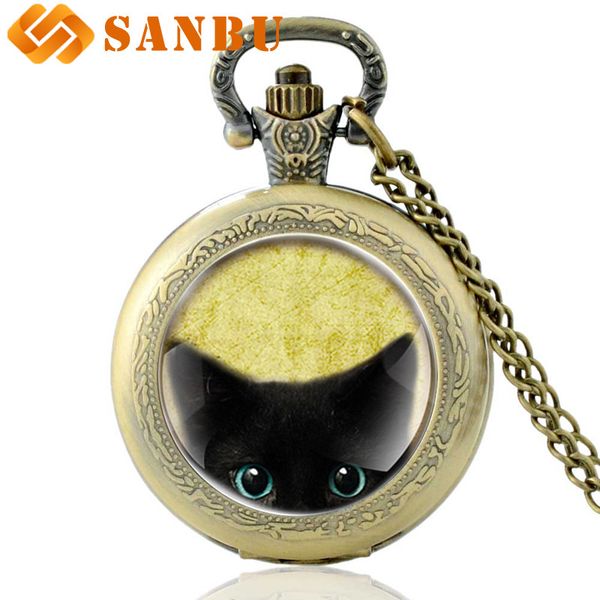 

Fashion Bronze Black Cat Punk Necklace Quartz Watches Vintage Men Women Bronze Quartz Pocket Watch Retro Jewelry Gifts