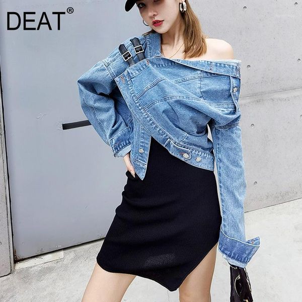 

deat 2020 autumn asymmetrical collar full sleeves single breasted blue denim short jacket female high stret coat wn52305m1, Black;brown