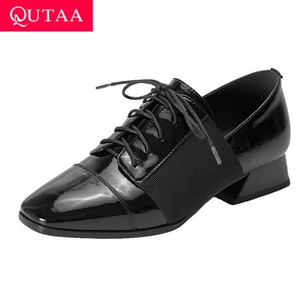 

qutaa 2020 spring autumn retro square toe lace up women single shoes square heel cow leather cloth women pumps big size 34-42, Black