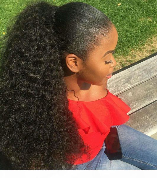 

drawstring ponytail human hair natural kinky curly wraps ponytail remy hair drawstring clip in afro ponytail human hair extension 160g, Black