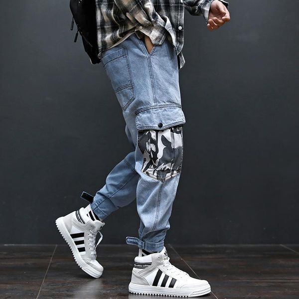 

fashion streetwear blue color patch camouflage pocket denim cargo pants slack bottom spliced hip hop joggers men kg-1005