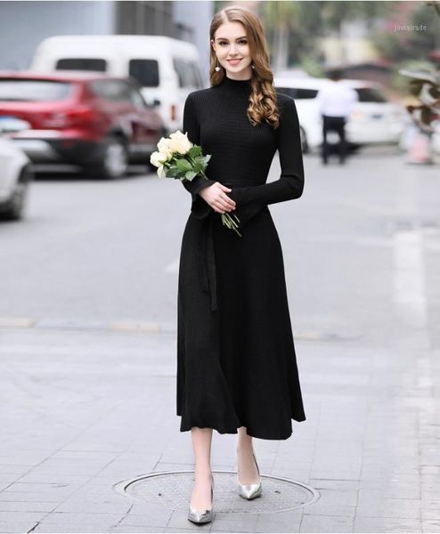 

casual dresses autumn knitted sweater dress women long sleeve turtleneck a-line midi black/red/khaki viscose1, Black;gray