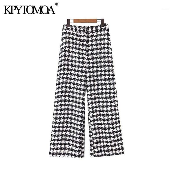 

vintage stylish office wear houndstooth straight pants women 2020 fashion high waist zipper pocket ladies ankle trousers1, Black;white