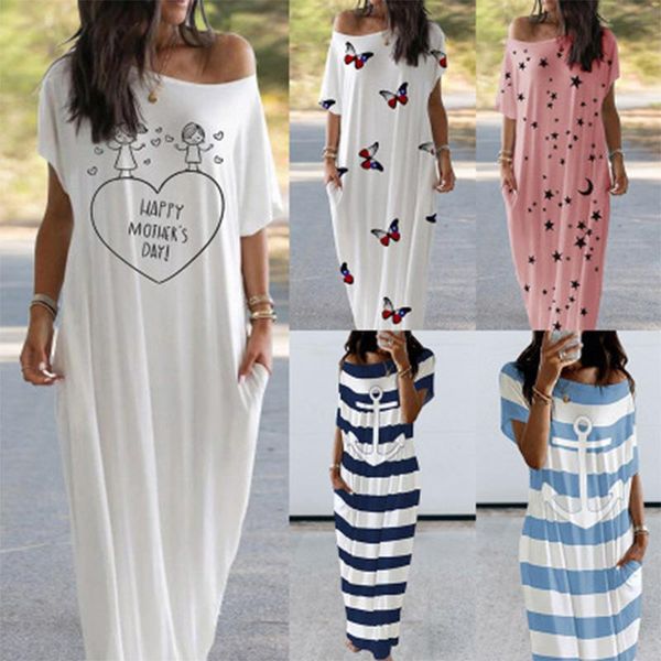 

party dresses 2021 spring summer loose print short sleeve insert pocket round neck pullover women's long dress, White;black