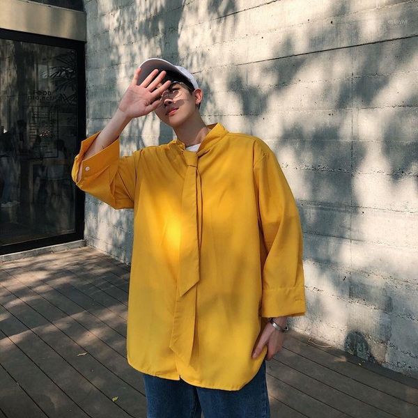 

2020 summer men's loose seven-point short sleeve shirt camisa masculina social streetwear solid color shirts large size -5xl1, White;black