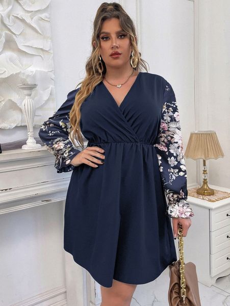 

plus floral print flounce sleeve overlap collar dress 250g#, Black