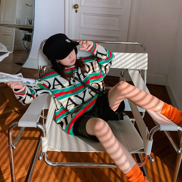 

mid long children's pullover foreign sle autumn and winter new girls' personali thickened striped sweater fashion tu6n, Blue