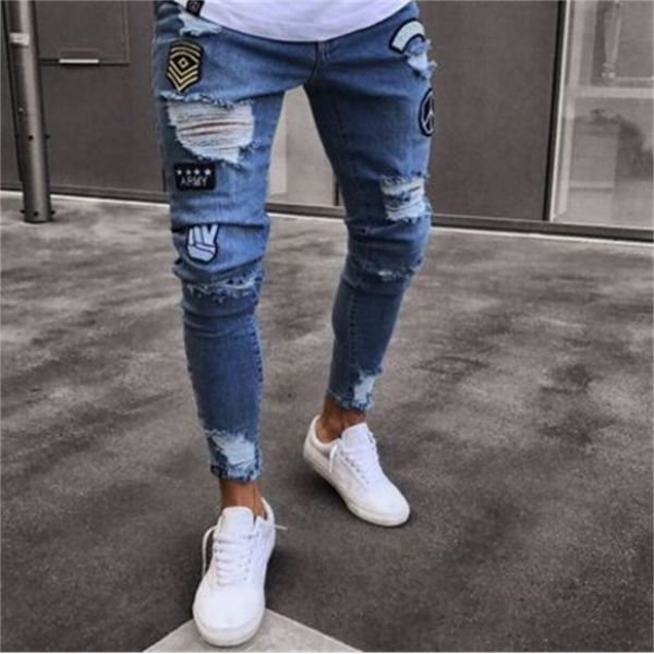

men badge pencil pants ripped biker jeans spring hiphop casual long trousers clothing, Blue