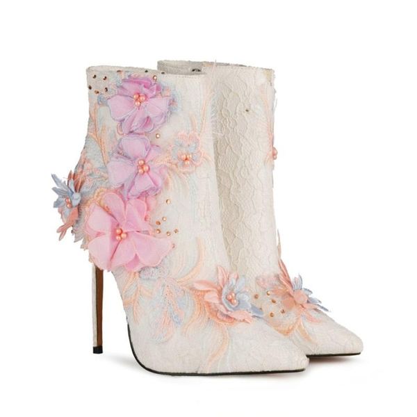 

us4-12 womens flowers embroidery diy lace ankle boots stilettos high heel side zip wedding bridal white sweet shoes plus size, Black