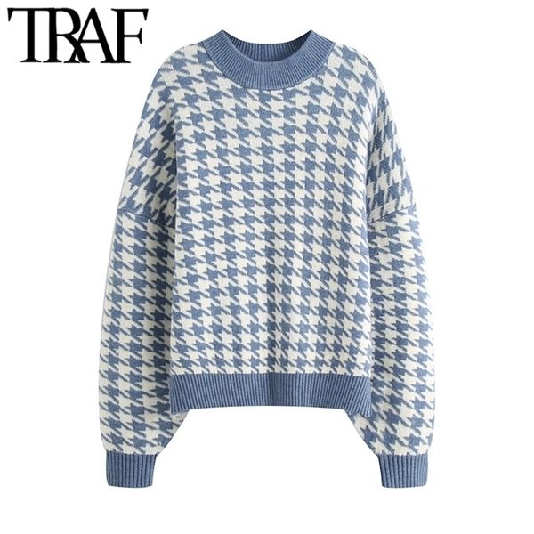 

traf women fashion oversized jumper houndstooth knitted sweaters vintage long sleeve loose female pullovers chic 201130, White;black