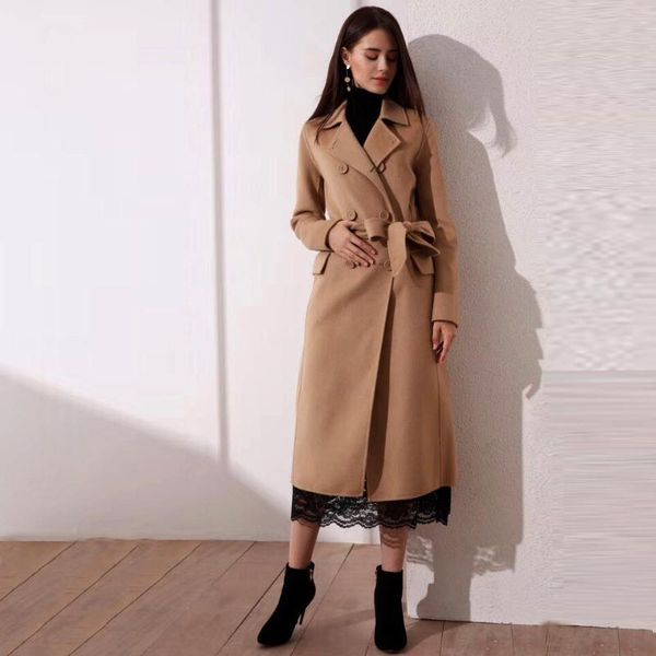 

women's wool & blends women coat 2021 winter fashion suit lapel with belt slim long jacket solid color female abrigos para mujer, Black
