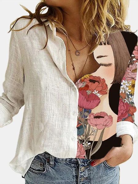 

vintage floral print women blouse shirt 2021 autumn new casual office loose v neck shirts drop shipping, White