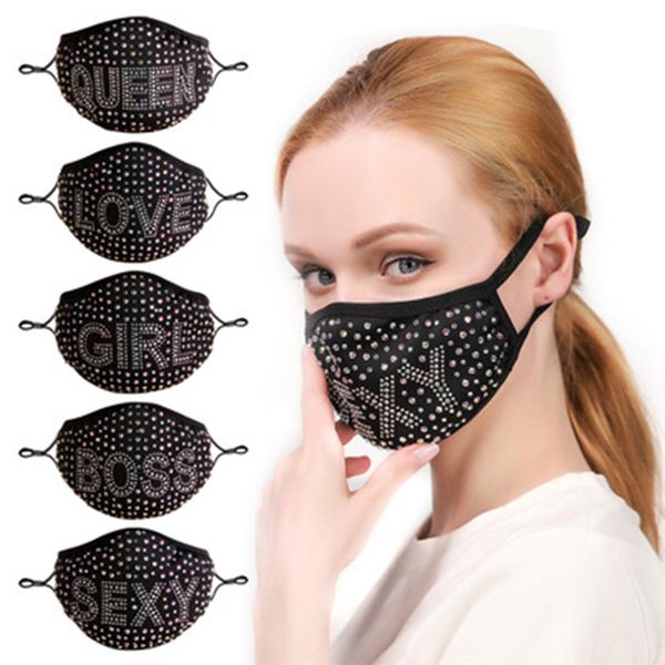 Moda colorata viso bocca maschera diamante bling partito strass riutilizzabile lavabile sexy amore Holloween lettera antipolvere maschere protettive in cotone per donne ragazza