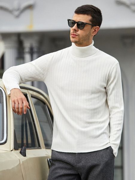 

men turtle neck ribbed knit sweater x2cn#, White;black