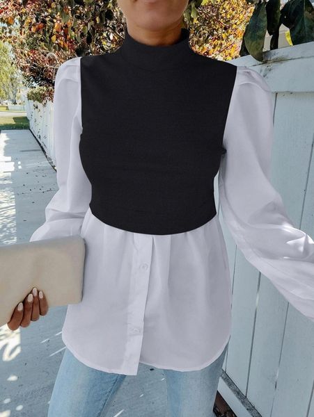 

2 in 1 colorblock bishop sleeve blouse n6vx#, White
