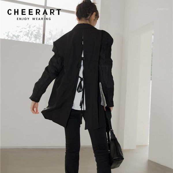 

cheerart designer open back blazer women ruched autumn jacket 2020 fall fashion blazers and jackets black coat clothing1, White;black