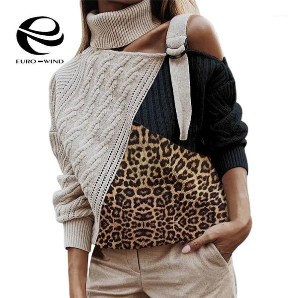 

2019 leopard patchwork turtleneck sweater women off shoulder color block knitted sweaters batwing long sleeve pullover 1, White;black