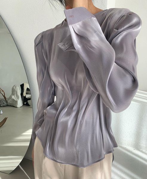 

2021 new elegant female niche solid shirts the-neck breath sleeves woman thin blouse inside outerwear shirt spring 91wh, White