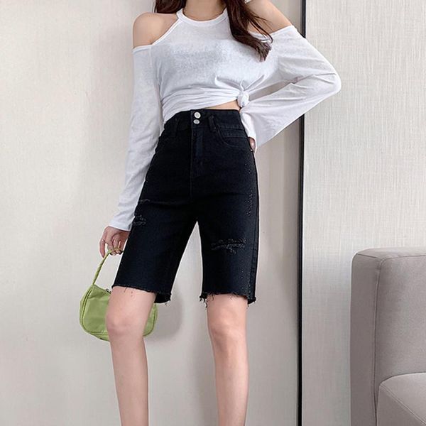 

woman shorts jeans skinny high waist ripped jeans 2020 summer for clothes denim clothing black streetwear fashion vintage pants1, Blue